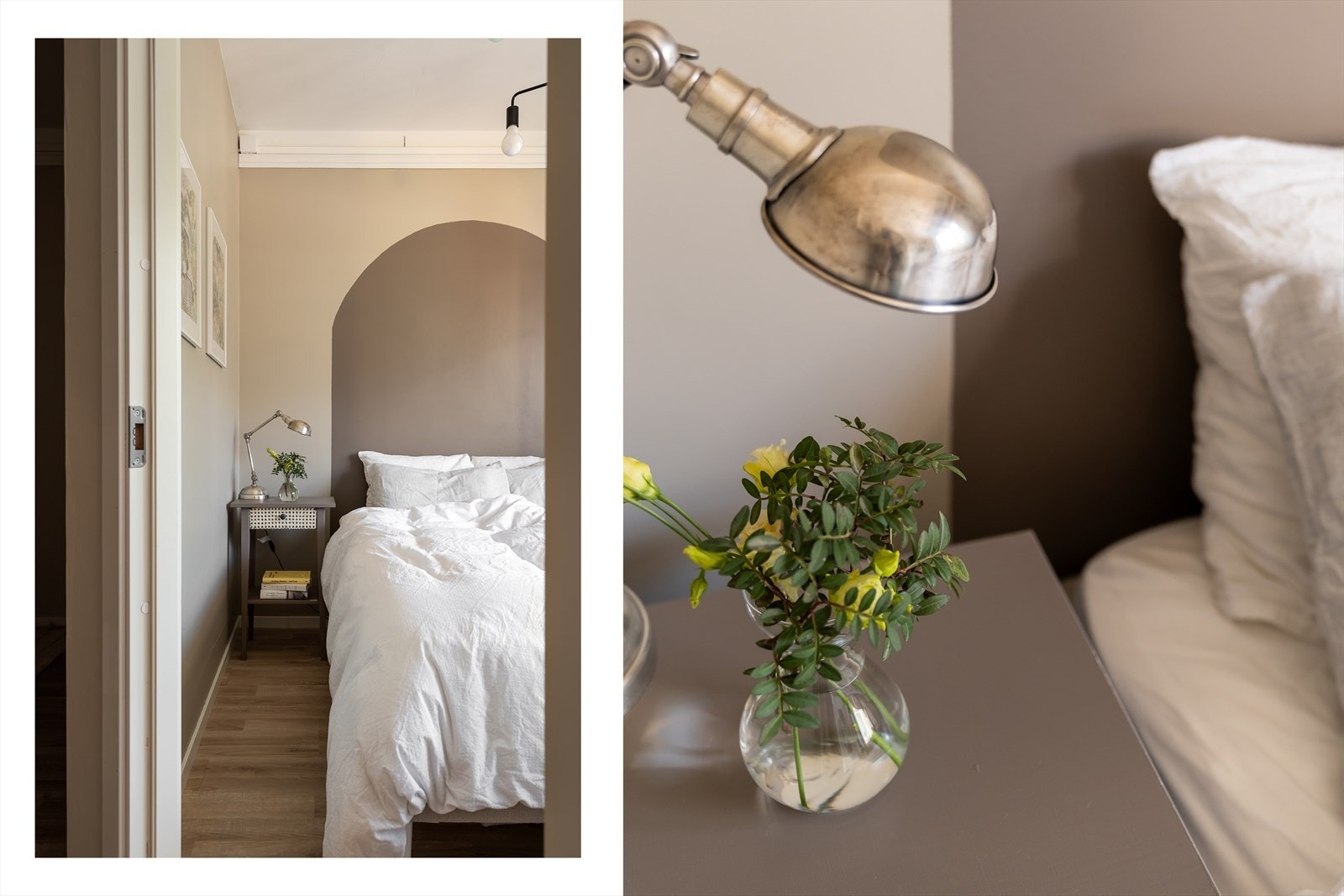 Et lyst og romslig soverom malt i en behagelig beige tone. Galleribilde