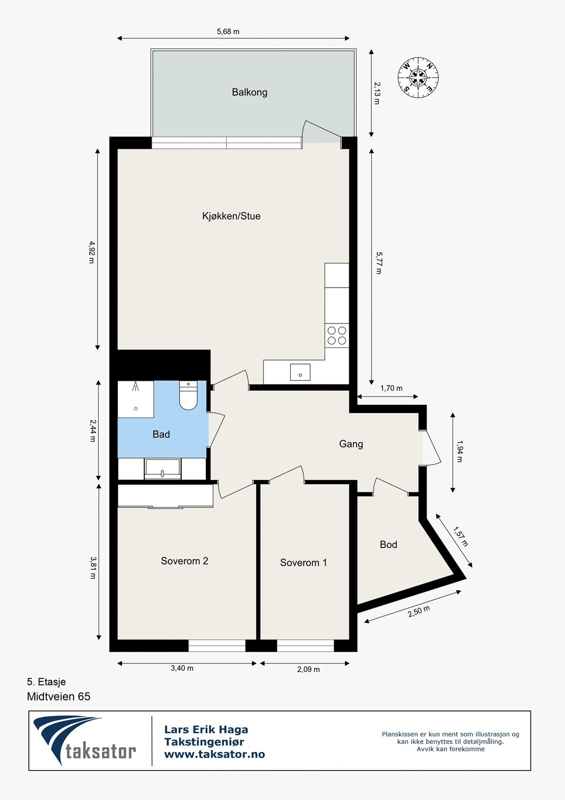 Plantegning. Leiligheten byr på åpen stue/kjøkken, bad, innvendig bod og 2 soverom. Galleribilde