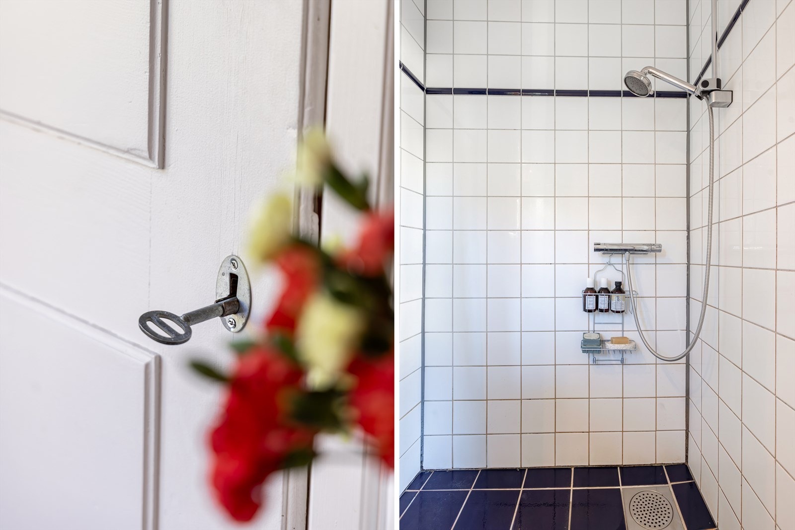 Innredningen består av et underskap/overskap, servant, speil og lys med stikk og dusjhjørne med forheng. Galleribilde