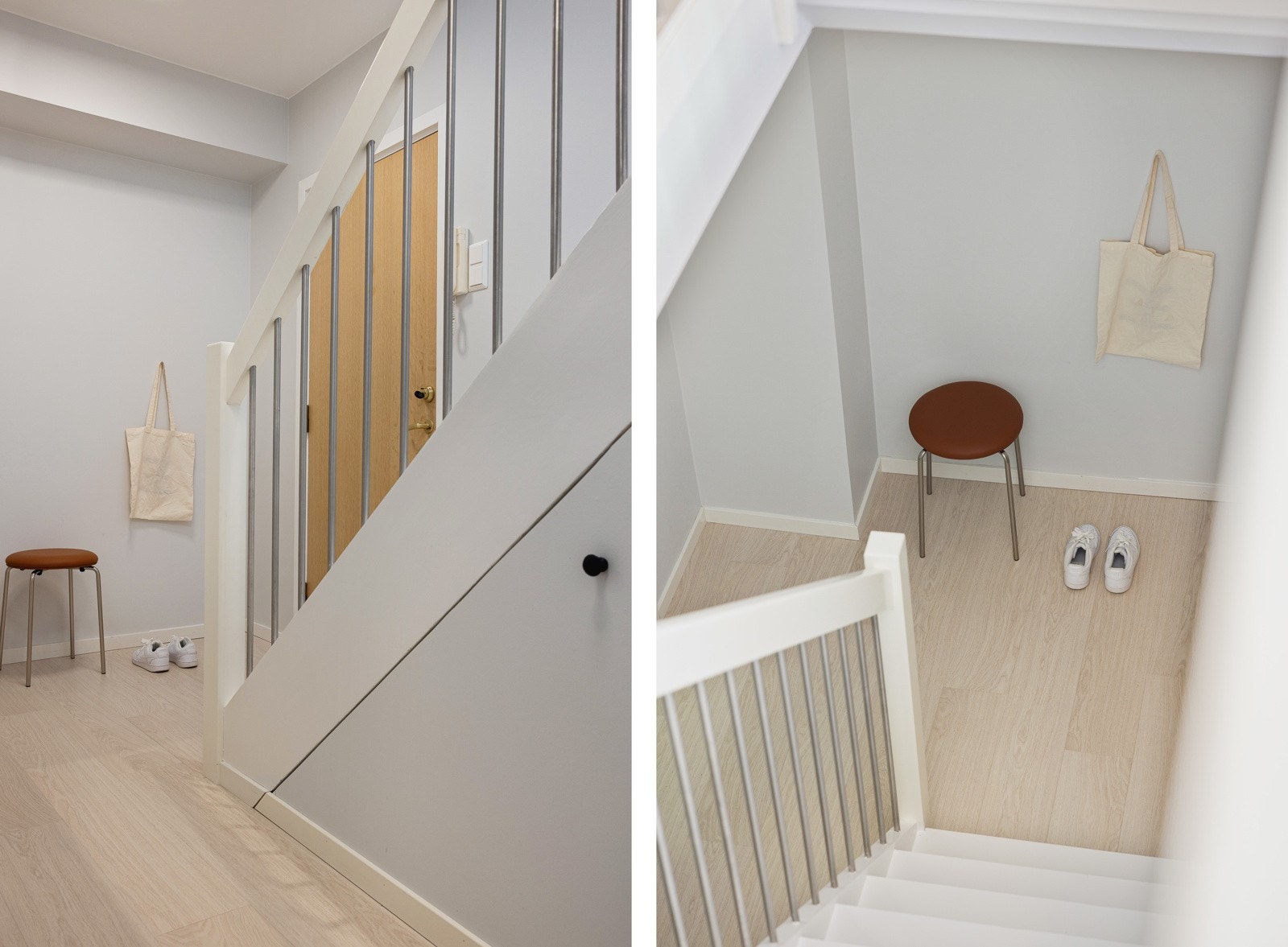 Vi tar turen ned til første etasje. Entréen har lyse overflater, herunder gulv fra 2020. Galleribilde
