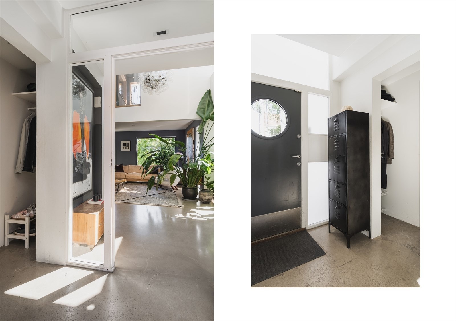 En moderne og innbydende entré som setter standarden for resten av boligen! Her møter du et lekkert slipt betonggulv med behagelig gulvvarme, perfekt for kjølige dager. Veggene har en stilren, malt overflate som gir rommet et lyst og elegant preg. Galleribilde