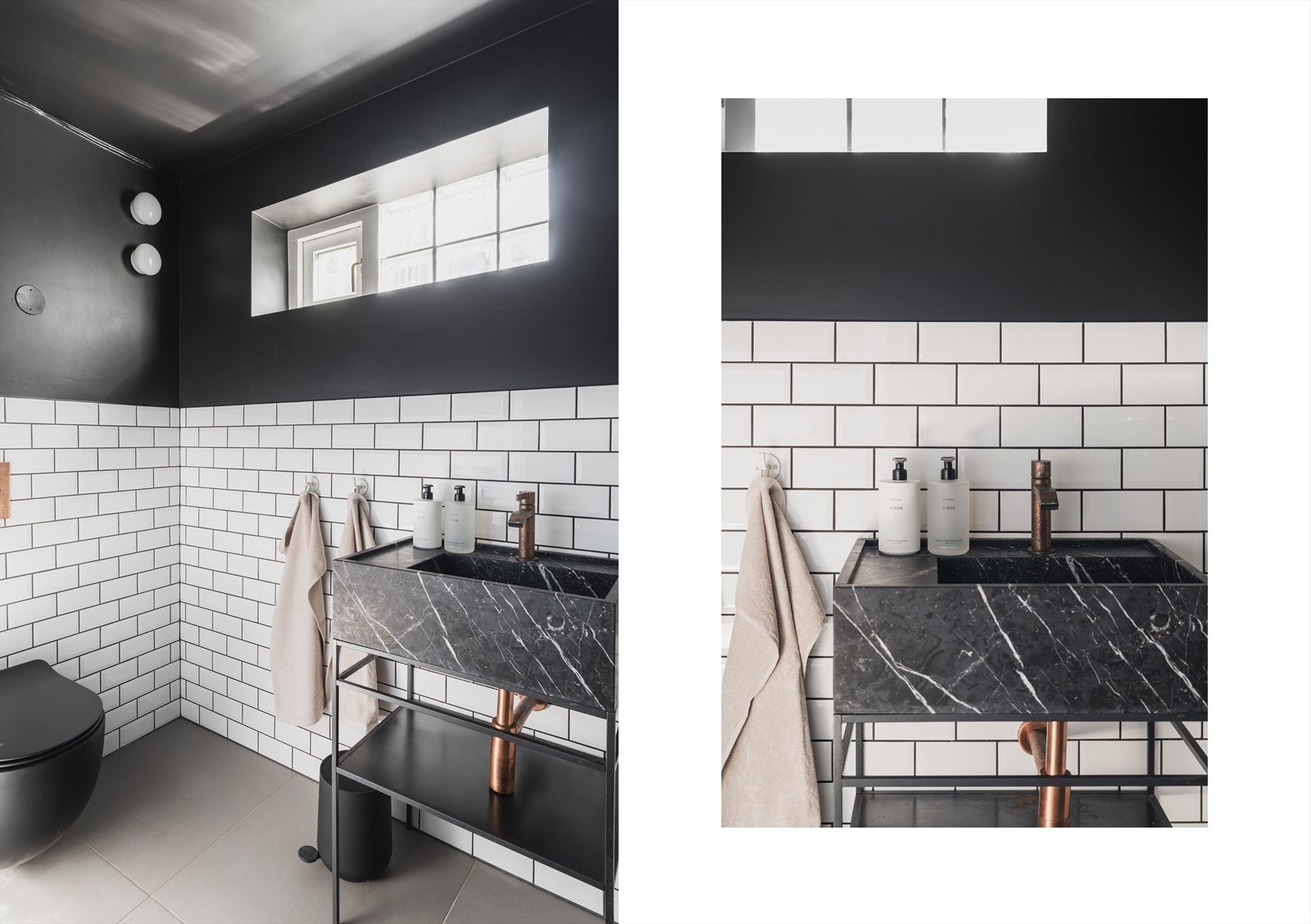 Pent toalettrom med lys og moderne innredning. Utstyrt med mekanisk avtrekk og veggmontert wc en pen servant i sortert marmor Galleribilde