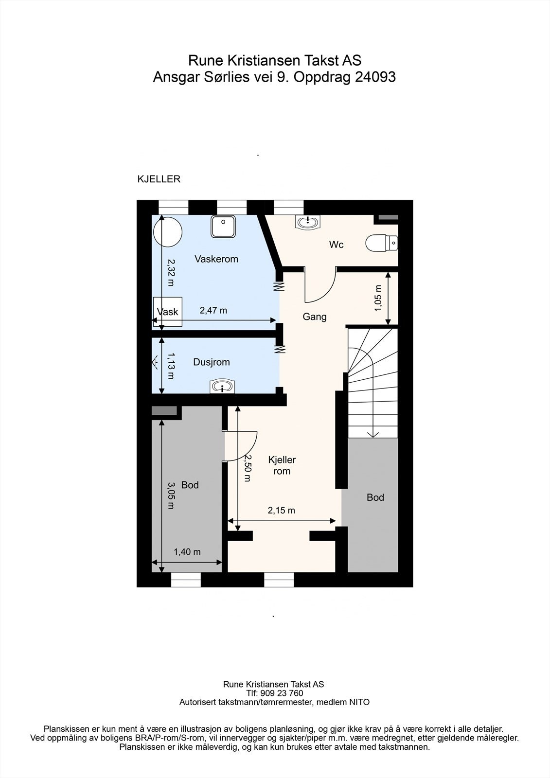 Ansgar Sørlies vei 9. Kjeller var opprinnelig tegnet med wc, bryggerhus, ved og mat. Bryggerhuset er i dag bad og vaskerom. Ved er i dag innredet med tv og sofa. Innredning av kjeller er ikke byggemeldt/godkjent. Galleribilde
