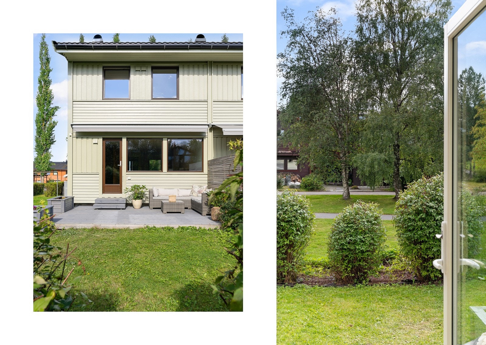 Med utgang fra stuen er det adkomst til en romslig terrasse med tilkomst til et skjermet hageareal. Galleribilde