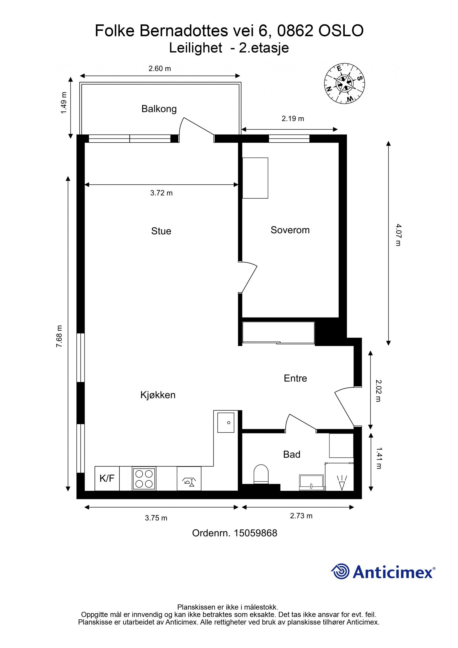 Plantegning. I tillegg disponerer leiligheten en bod i kjeller på ca. 1m² Galleribilde