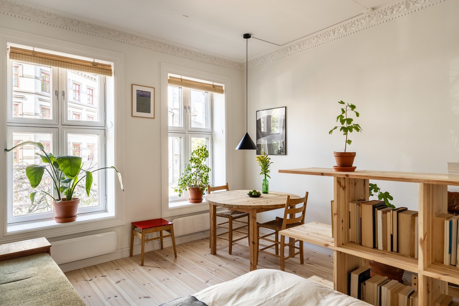 Leiligheten har en generøs takhøyde med stukkatur og rosett i himling. Galleribilde