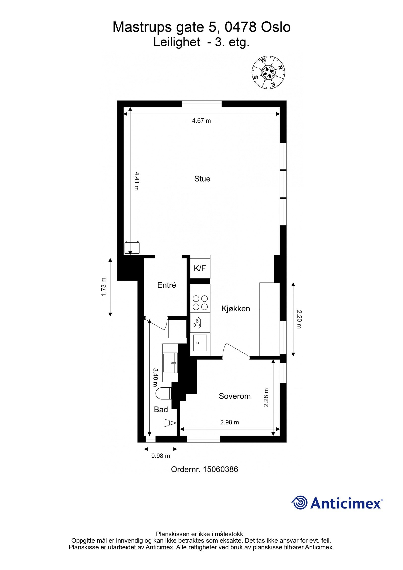 Plantegning. I tillegg disponerer leiligheten en kjellerbod på ca. 5m², samt en loftsbod med gulvareal på ca. 6m². Galleribilde