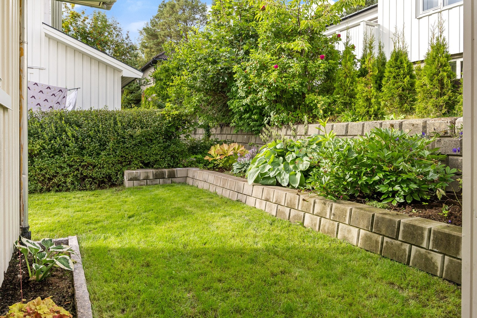 Eiendommen er pent opparbeidet med plen, hekker og blomster. Galleribilde