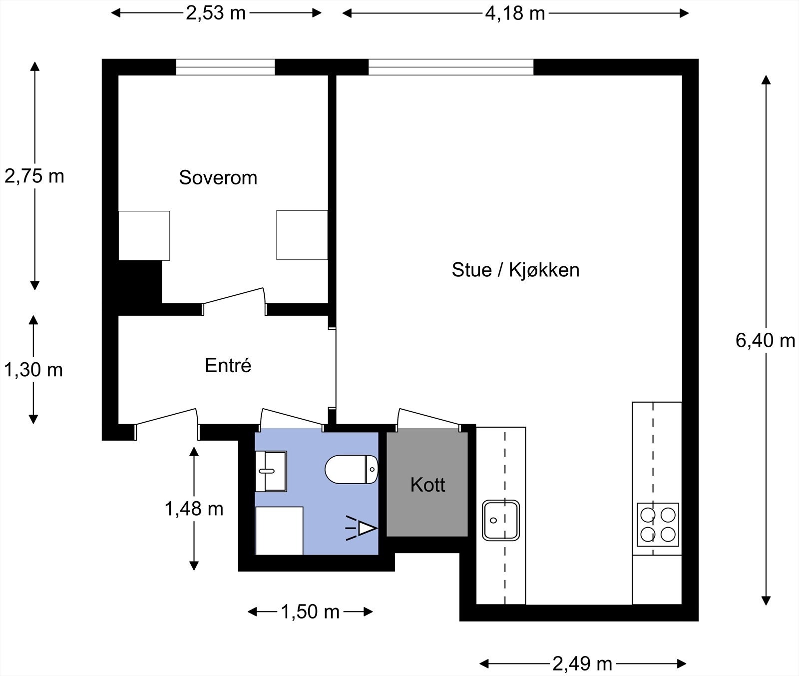 Plantegning fra takstmann. Leiligheten har en godt utnyttet planløsning med entré, stue, kjøkken, bad, soverom og bod. Kjellerbod for lagring. Galleribilde