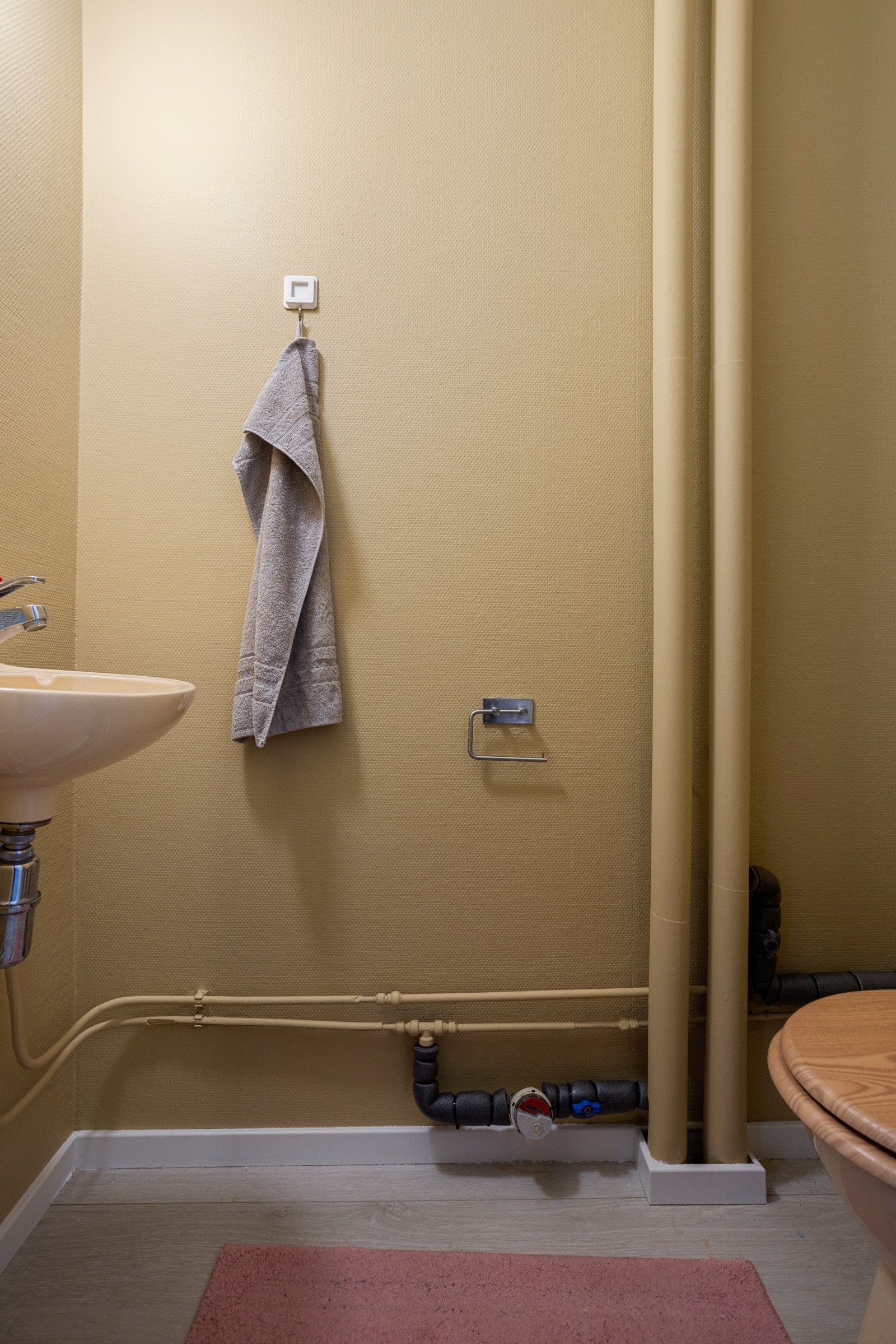 Wc-rommet har et toalett og en vegghengt servant Galleribilde