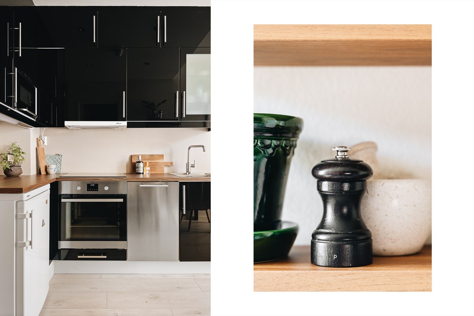 Moderne kjøkkeninnredning med slette fronter, ett overskap har glassfront og laminat benkeplate. Galleribilde