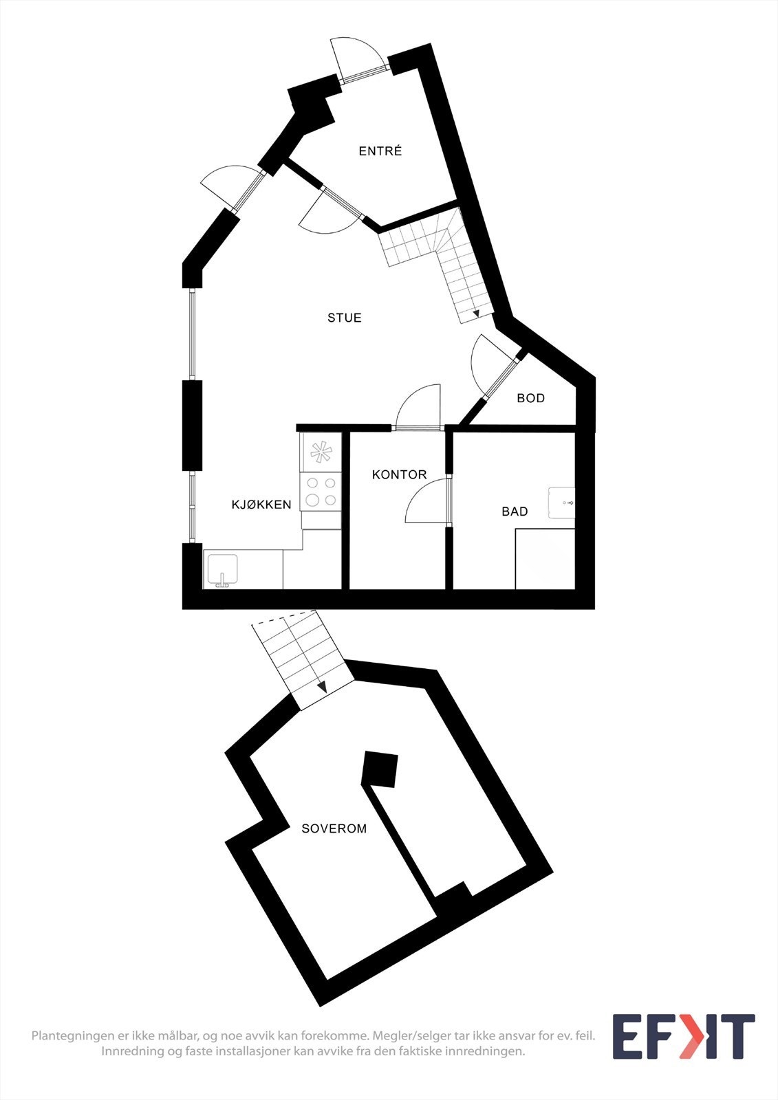 Leiligheten strekker seg over to etasjer. Merk at hems i andreetasje har et gulvareal på ca. 11 m², som ikke følger med i arealberegningen på 36m². Galleribilde