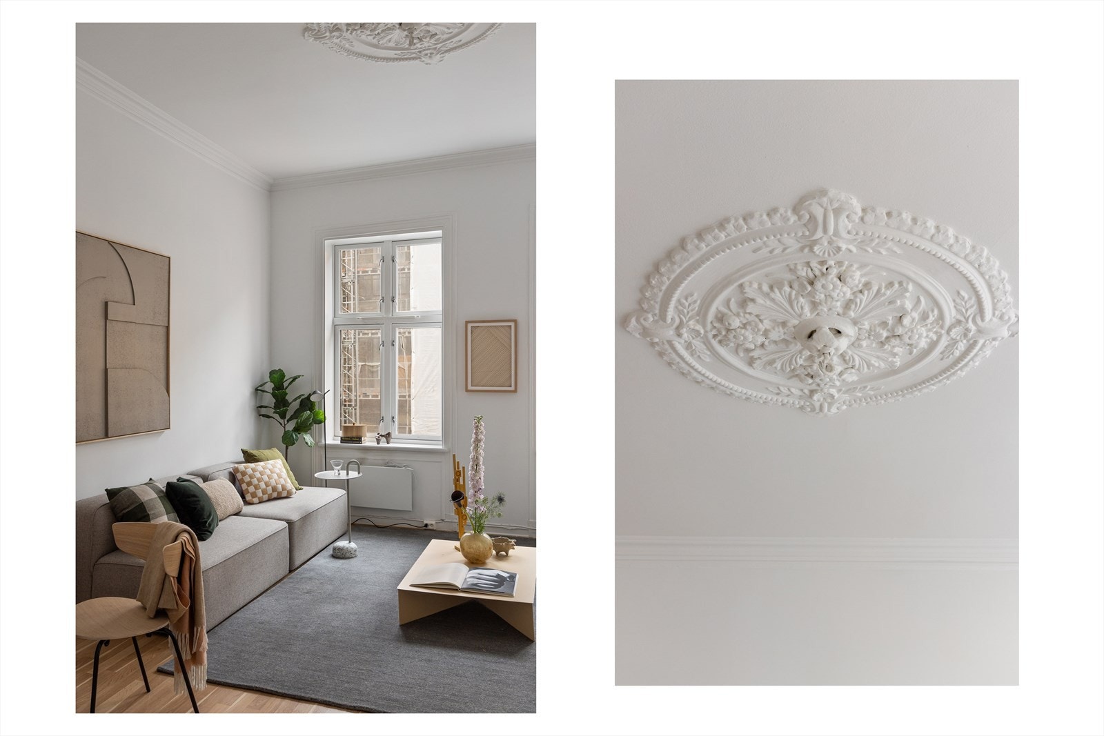 Det er god takhøyde og flotte detaljer som rosett i tak Galleribilde