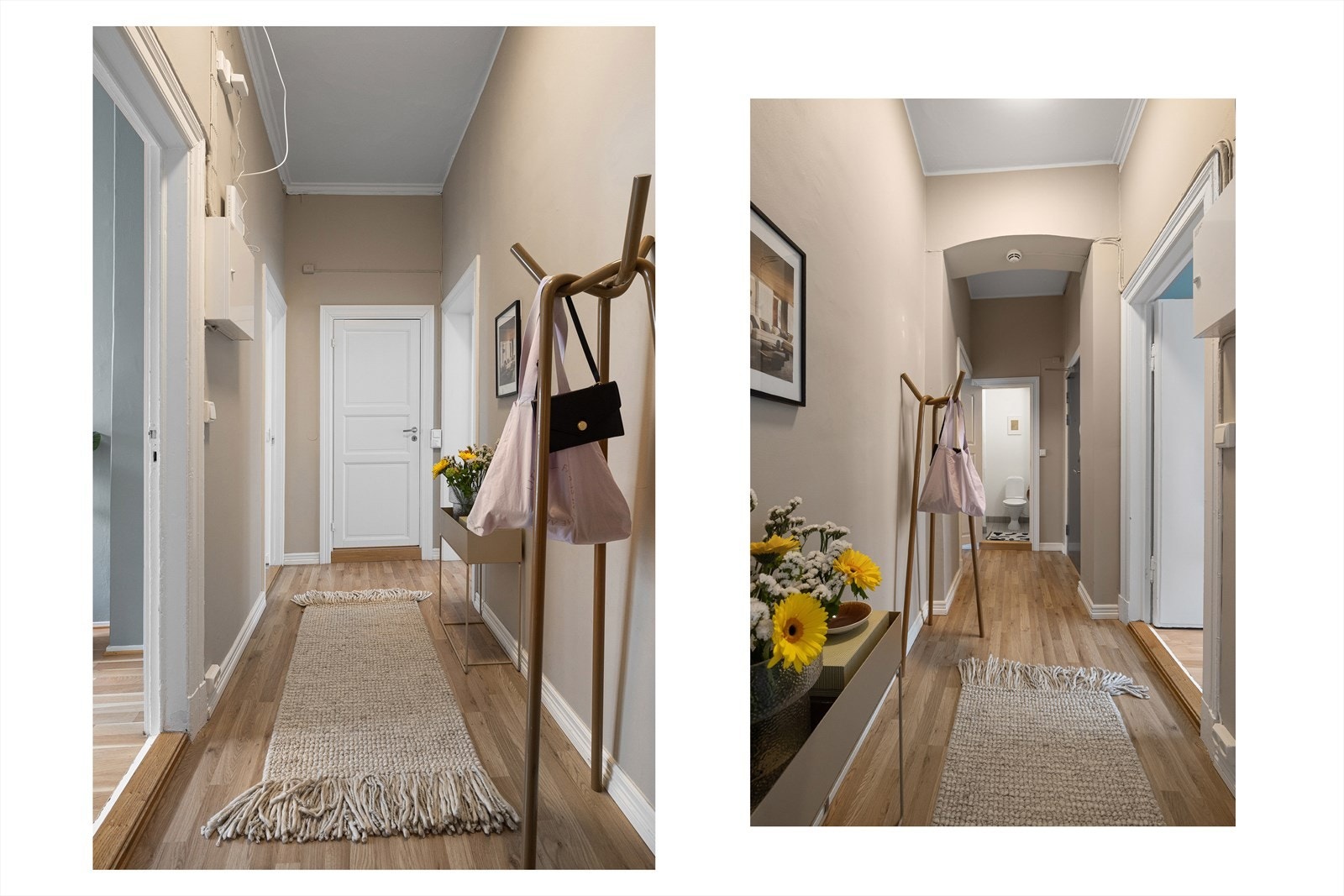 Lys entré som gir et godt førsteinntrykk og fungerer som det naturlige knutepunktet i leiligheten Galleribilde