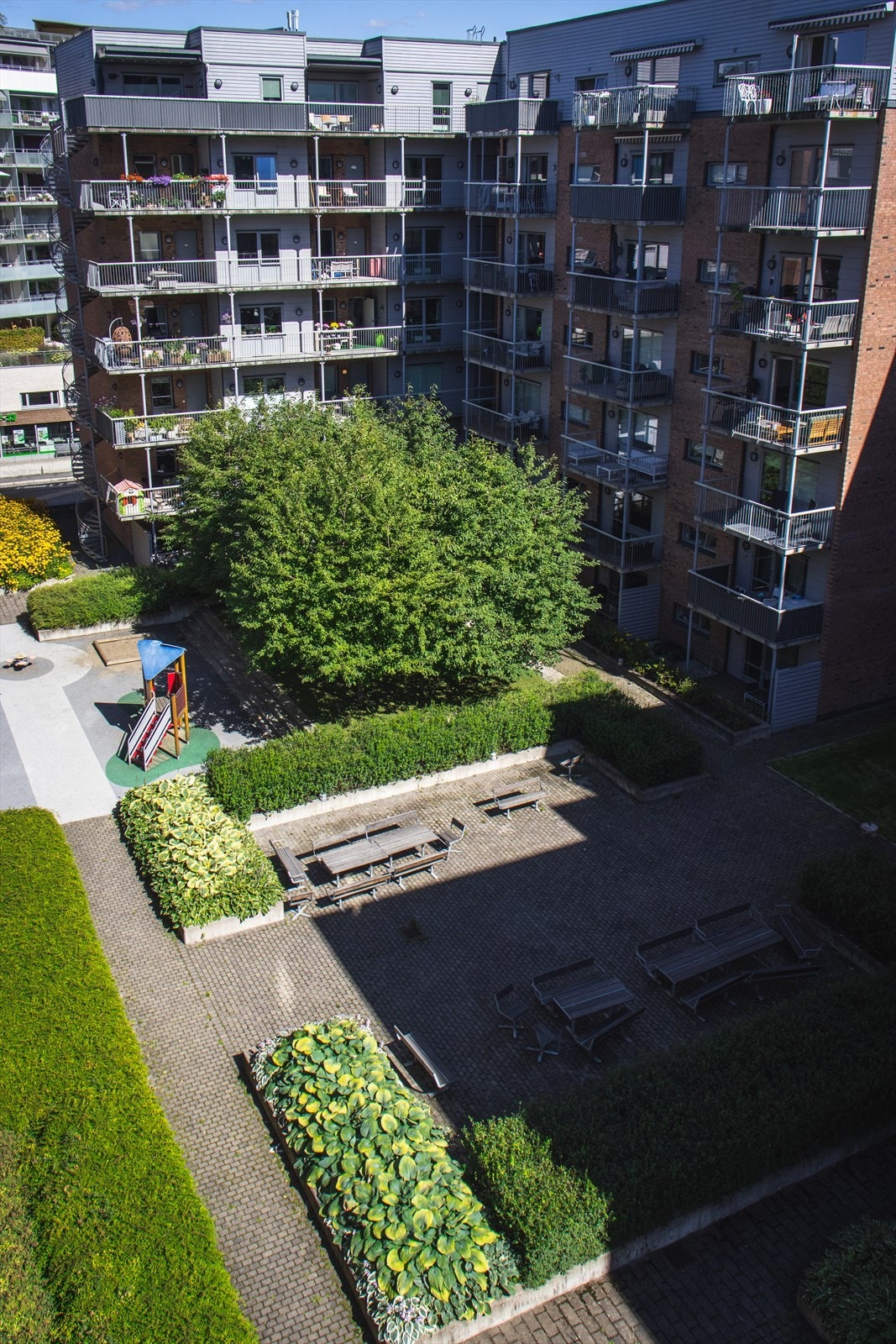 Fra balkongen kan du titte ned på grønt og frodig fellesareal mellom blokkene. Galleribilde