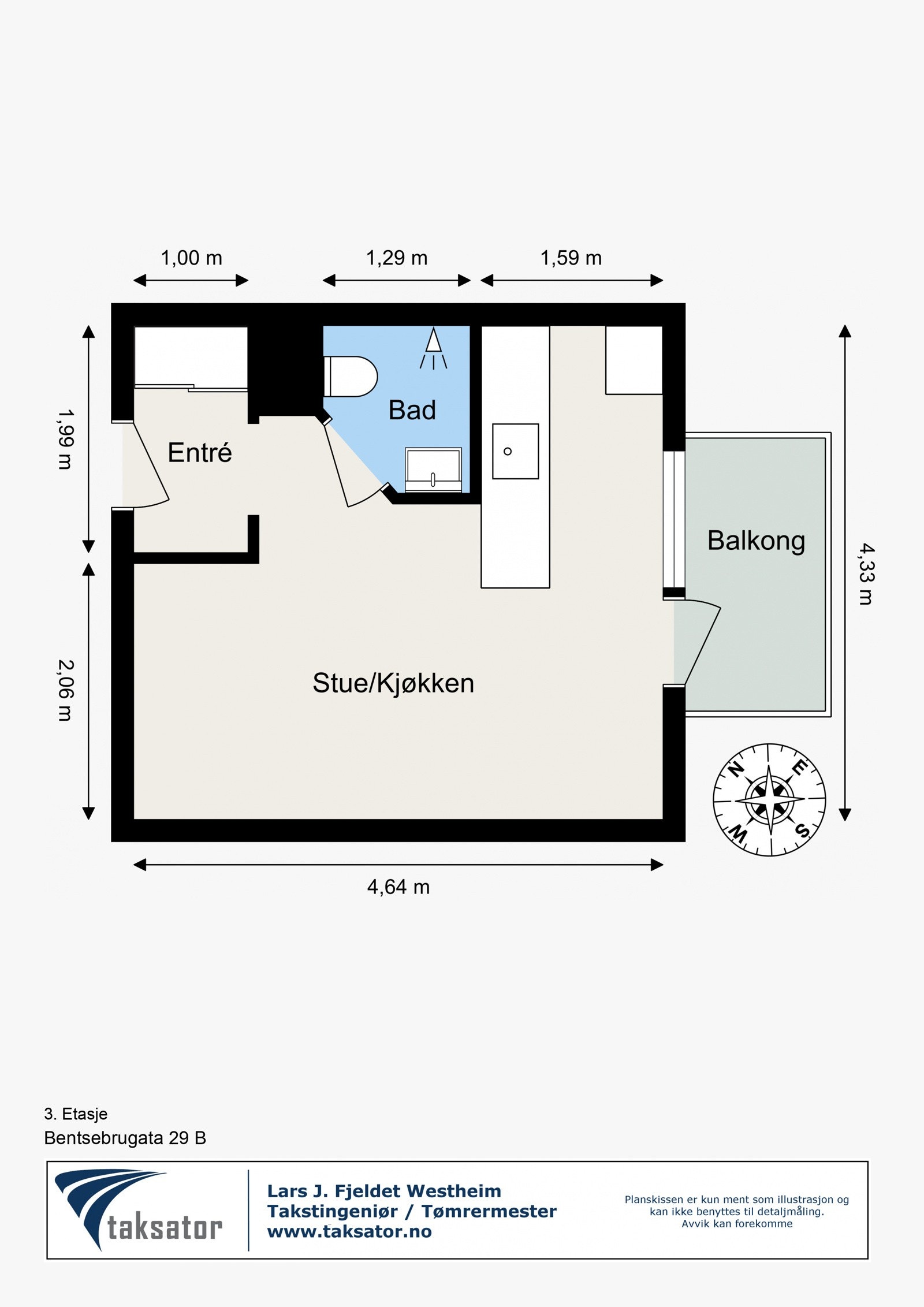 Plantegning. I tillegg disponerer leiligheten en loftsbod med gulvareal på ca. 9m². Galleribilde