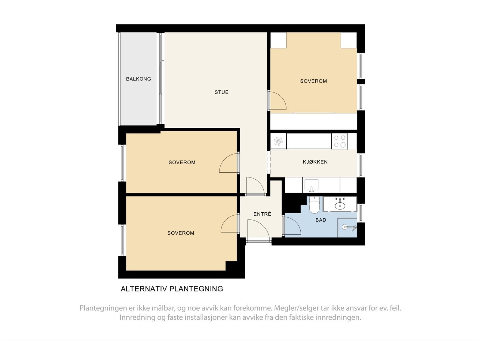Alternativ plantegning, del av stue gjort om til soverom. Galleribilde