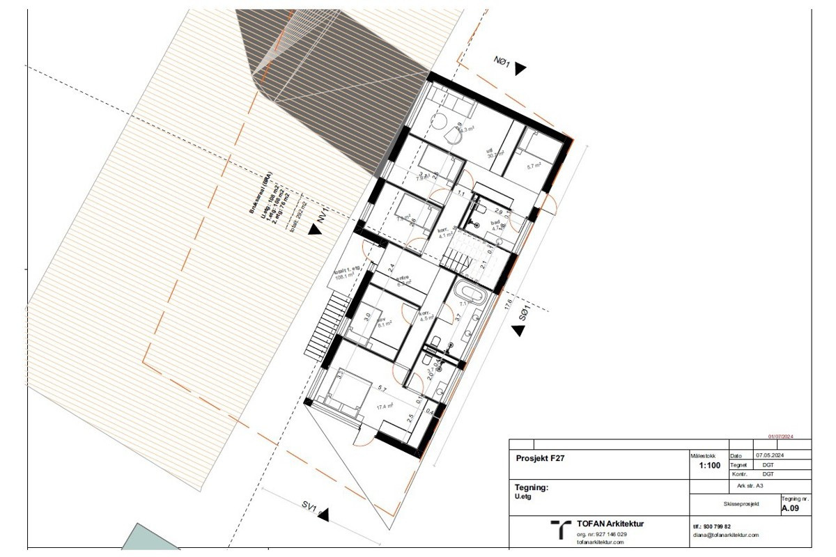 Forslag planskisse 1. etasje. Tegninger/illustrasjoner er i tråd med reguleringsplan/bestemmelser, men ikke byggesøkt og godkjent.