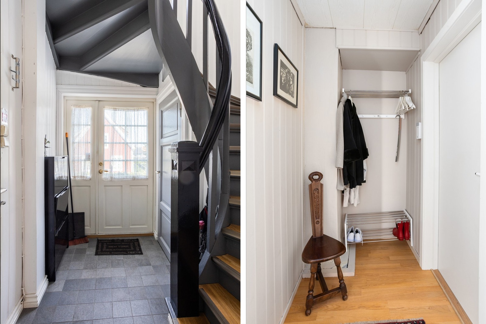 Utgangsdøren i entreen leder ut til fellesgangen i 1. etasje (til venstre i bildet). Galleribilde