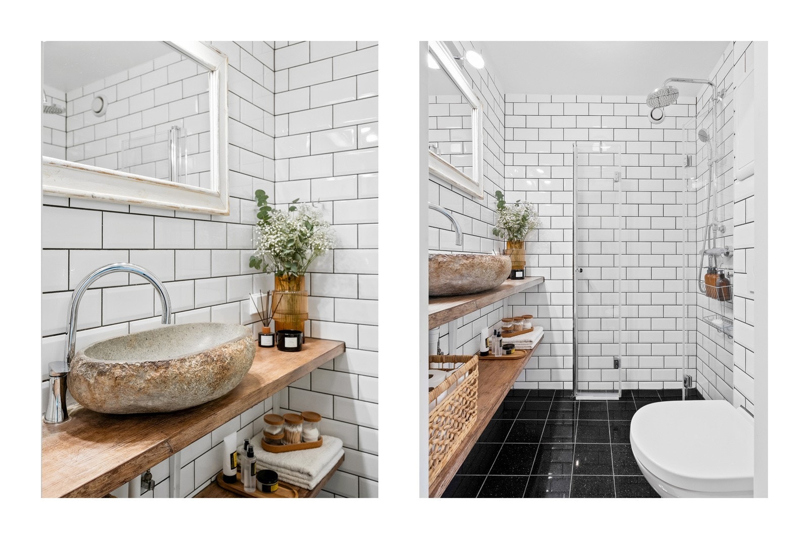 Badet ble pusset opp i 2017 og er lekkert med praktisk utforming og rustikke detaljer. Rommet inneholder steinservant montert på trehylle i røft design, vegghengt wc og dusj med regnfallsdusj og foldedører i glass. Galleribilde