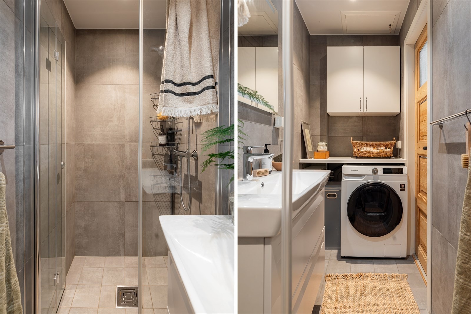 Det stilrene badet ble renovert i 2018 og er fullt av utsøkte detaljer med blant annet store, steinstrukturerte (60x60) fliser, som gir rommet et tidsriktig og nordisk preg Galleribilde