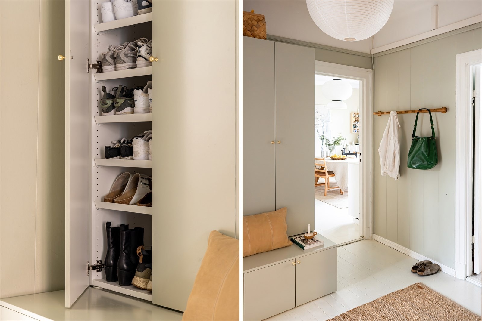 Her er det god lagringsplass i den flotte garderoben som består av samme farge som veggflatene, noe som gir inngangspartiet en harmonisk og stilren helhet Galleribilde