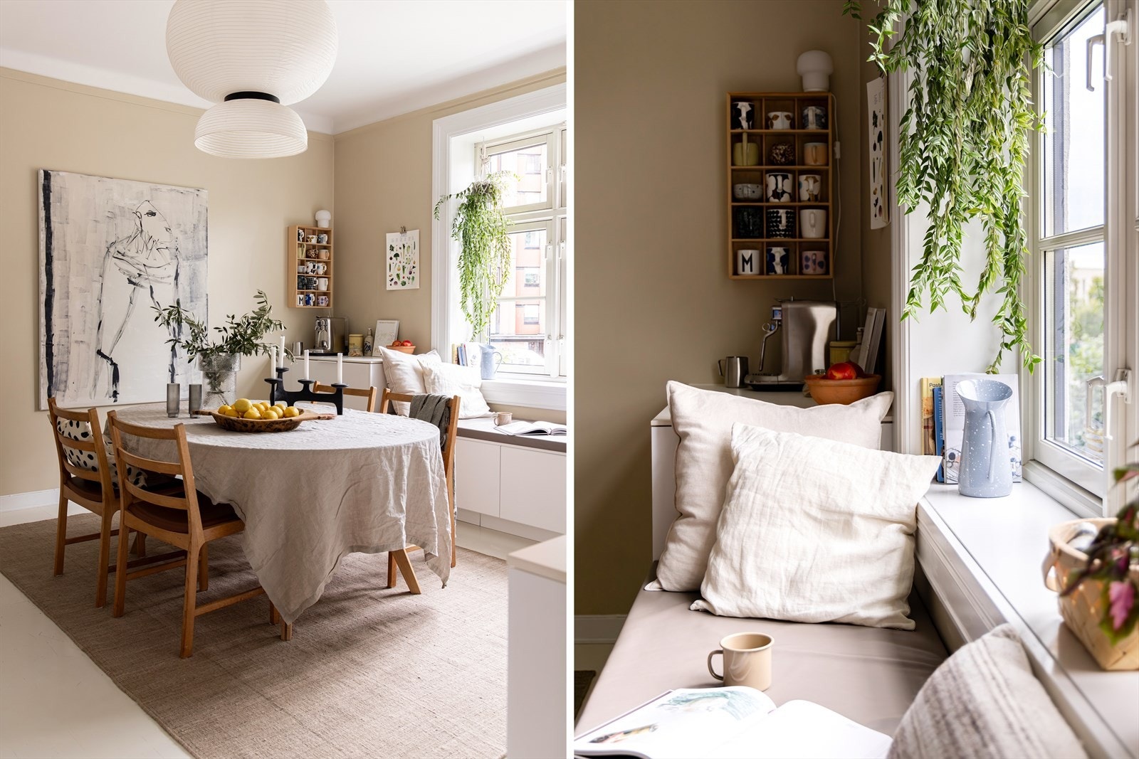 Det stilfulle og velutstyrte kjøkkenet ble pusset opp i 2022, og er spesialtilpasset for leiligheten med blant annet en hyggelig, plassbygget divan ved vinduet Galleribilde