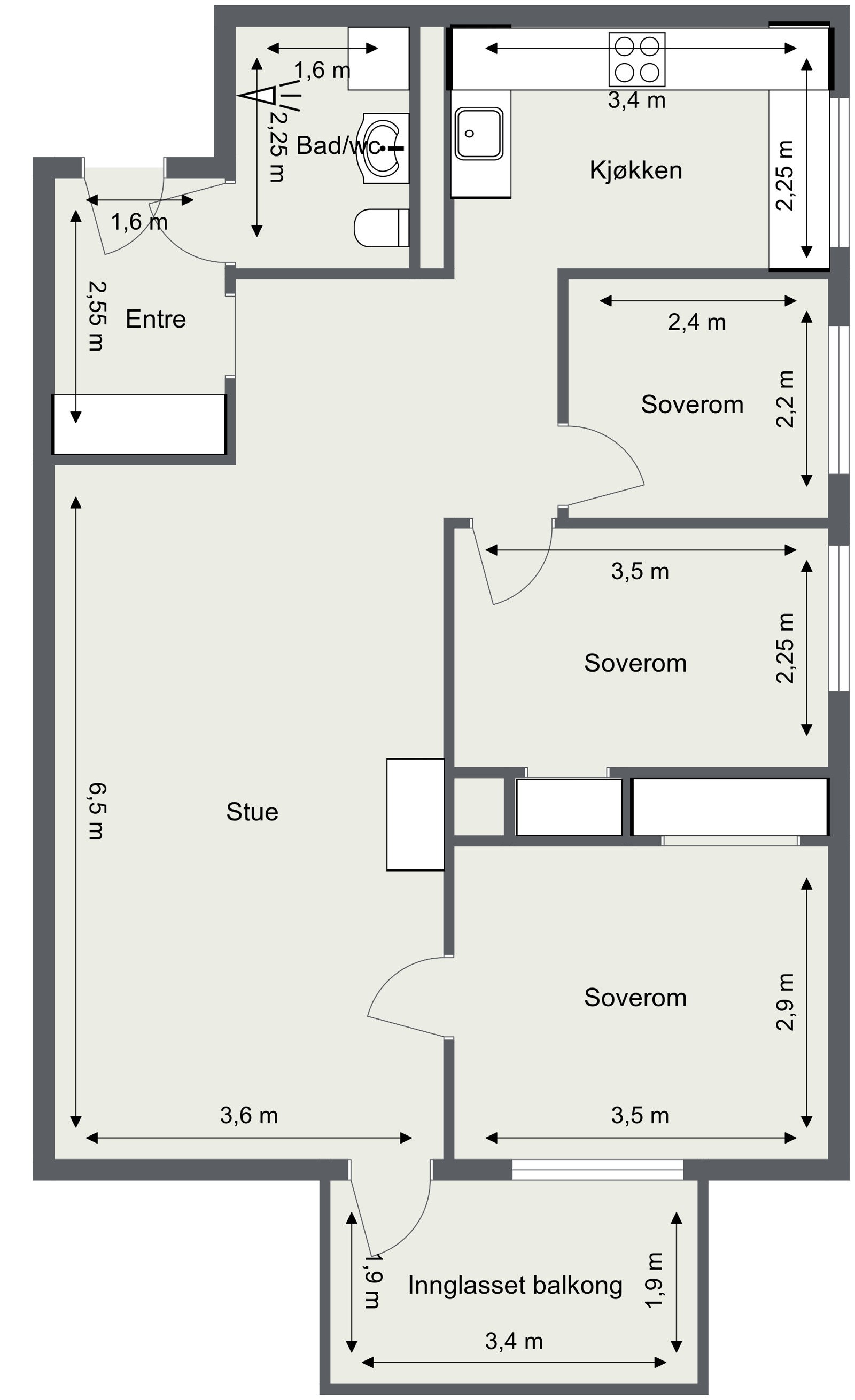 Alternativ plantegning skissert med 3-soverom. Galleribilde