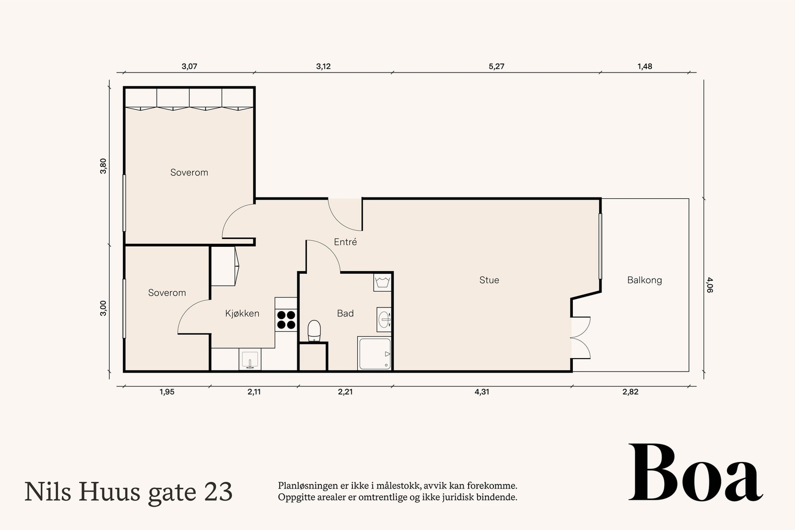 3. etasje: Entré/gang, kjøkken, stue/spisestue, to soverom og bad. Balkong. Galleribilde