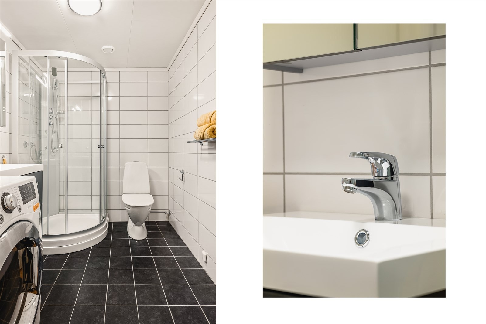 Pent helfliste bad med takplater i himling og varmekabler i gulv. Inneholder: Servant med møblement/speilskap og belysning, toalett, dusjkabinett og opplegg for vaskemaskin. Avtrekksventil i himling. Galleribilde