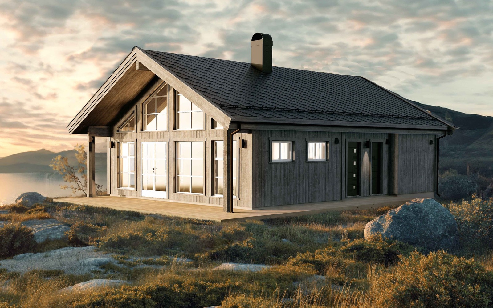 Vår nye hyttemodell Frøya 75 har alt man ønsker seg av en moderne hytte! Dette er en illustrasjon i et annet miljø og kan avvike fra priset modell Galleribilde