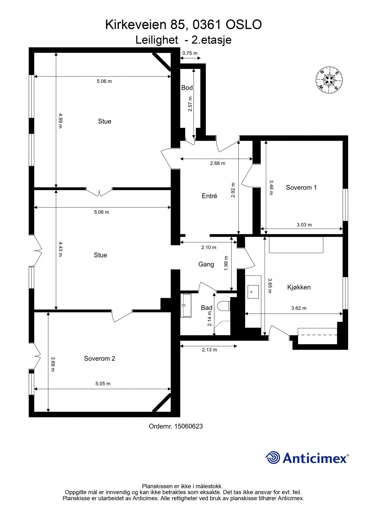 Målsatt planskisse - Boligen inneholder entré, gang, baderom, kjøkken, to stuer og to soverom. Galleribilde