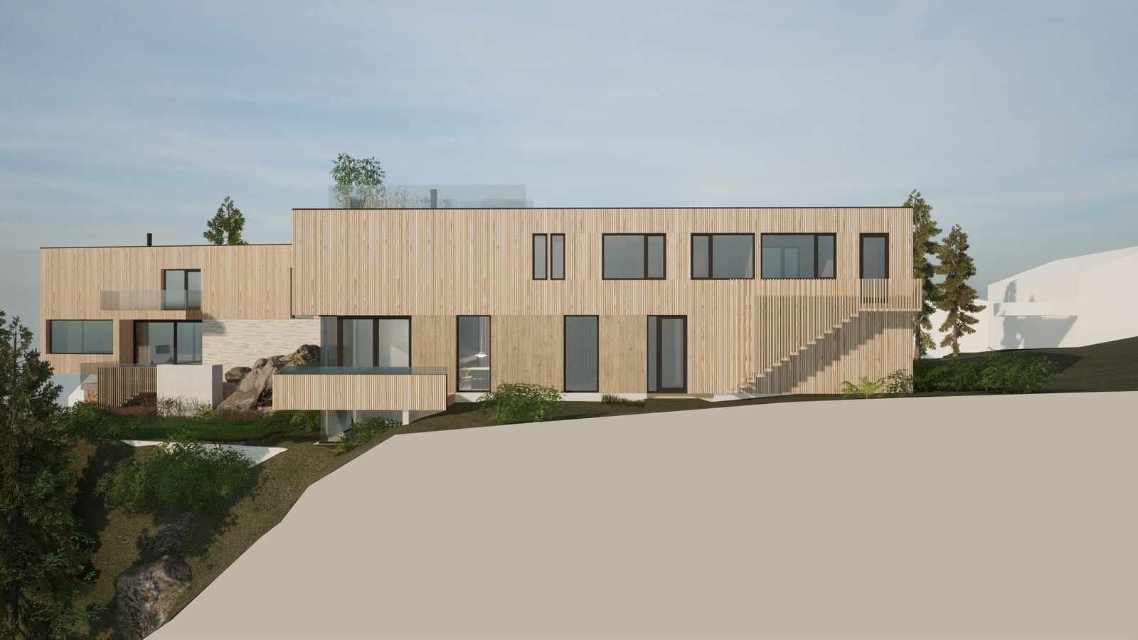 Eneboligtomt med rammetillatelse for oppføring av en arkitekttegnet enebolig vurderes solgt. Den godkjente eneboligen er på totalt ca 263 kvm BRA inkludert en dobbeltgarasje på ca 36,5 kvm. I tillegg er det godkjent en vestvendt takterrasse på ca 29 kvm. Galleribilde