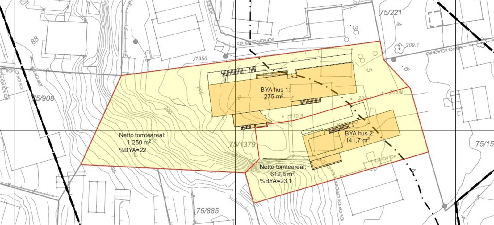 Eiendommen vil bli seksjonert og denne seksjon vil ha et tomteareal på ca 613 kvm. Galleribilde