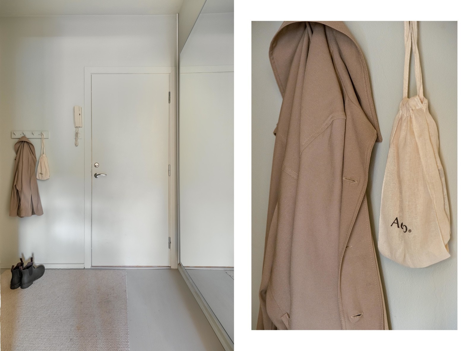 Velkommen inn! Entréen er lys og med plass til å plassere sko og yttertøy når du kommer hjem. Galleribilde