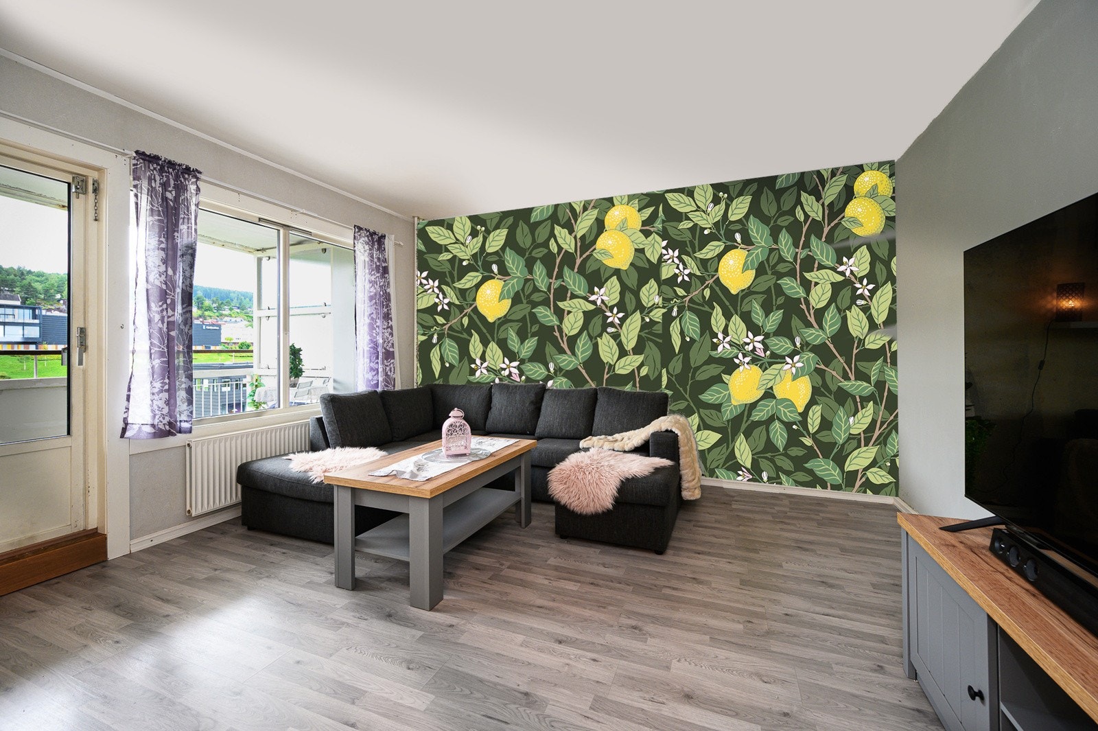 Illustrasjon av stuen hvor den ene veggen er laget med tapet Galleribilde