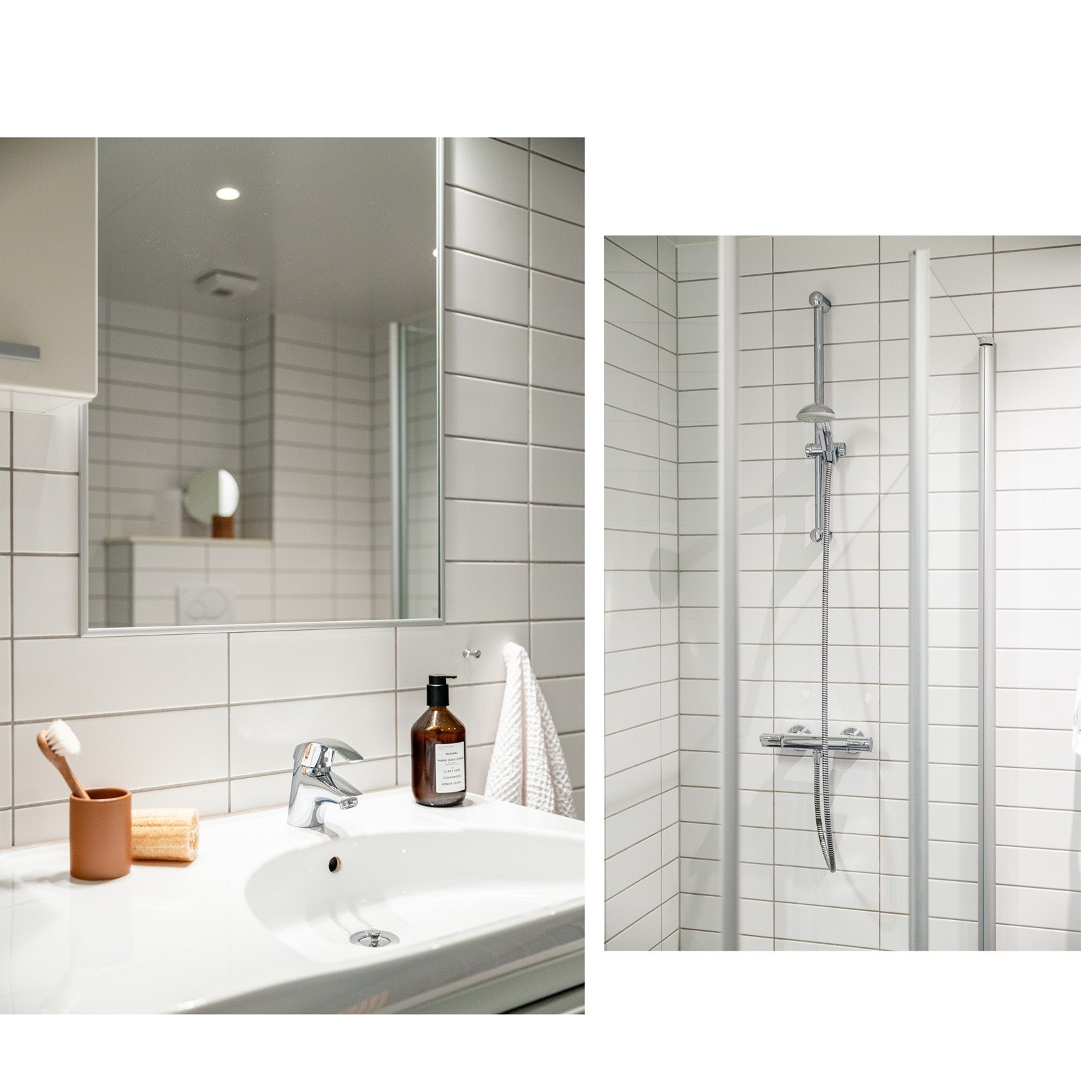 Badet har underliggende gulvvarme, en praktisk dusjnisje, vegghengt toalett og en innredning med oppbevaringsmuligheter. Galleribilde