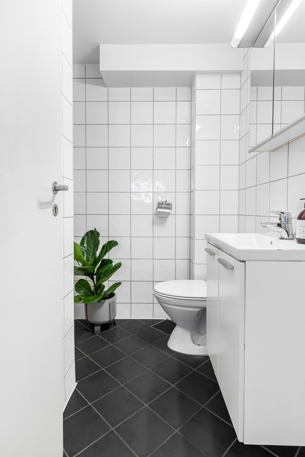 Innredning med frittstående klosett, speilskap, servantinnredning, servant med ettgreps blandebatteri, dusjarmatur, plass og avløp til liten vaskemaskin. Galleribilde