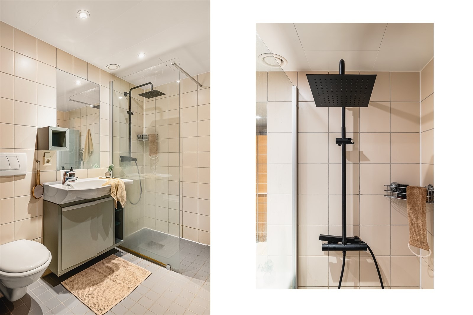 Det er et herlig, stort bad med plass til alt man behøver. Nyere dusj med himmeldusj i sort. Galleribilde