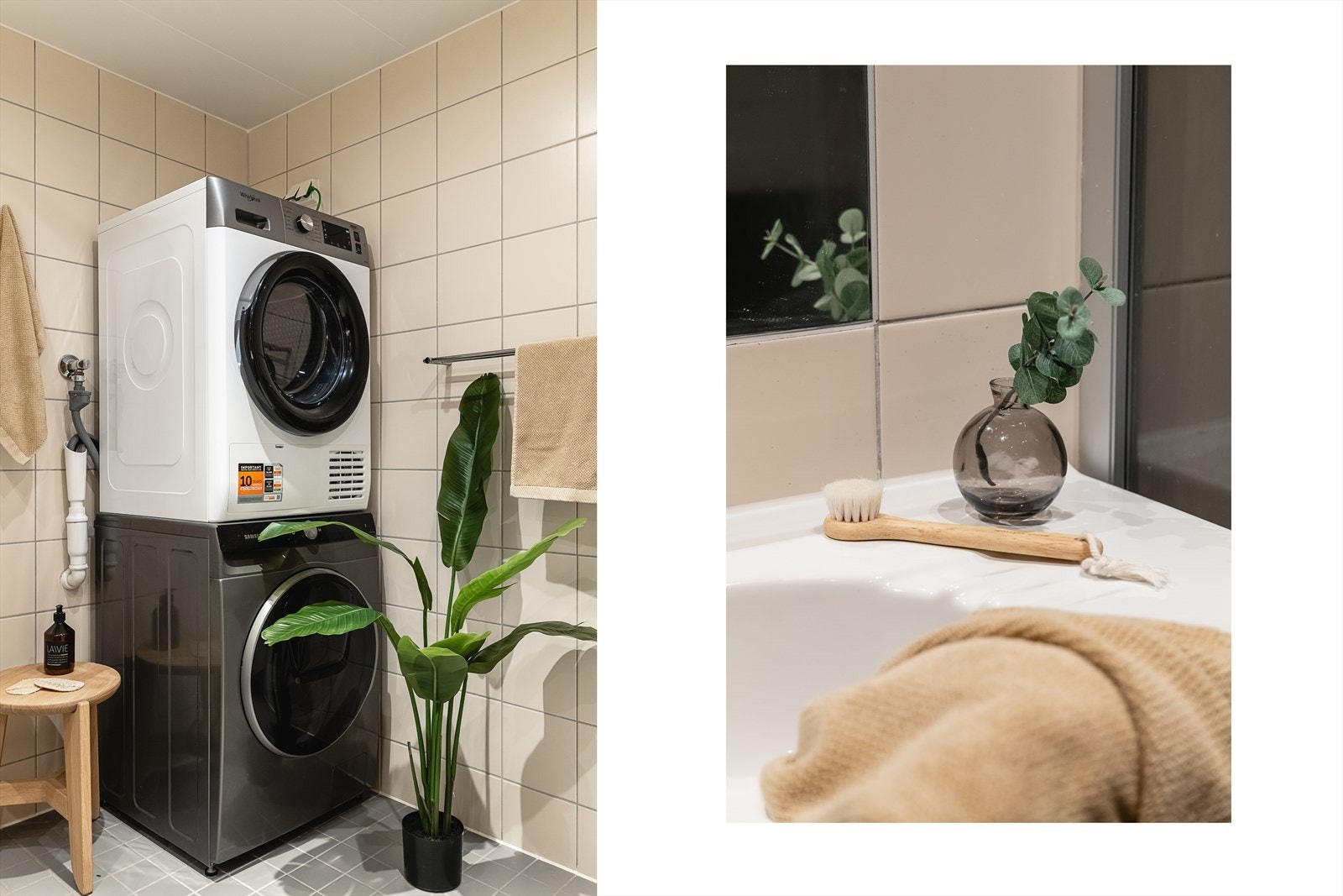 For øvrig innredet med dusjnisje med glassvegg, servant i møblement, vegghengt toalett, veggskap og opplegg for vaskemaskin og tørketrommel. Galleribilde