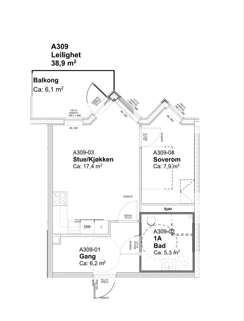 Planskisse leilighet A309,  lånt fra utbygger, avvik kan forekomme