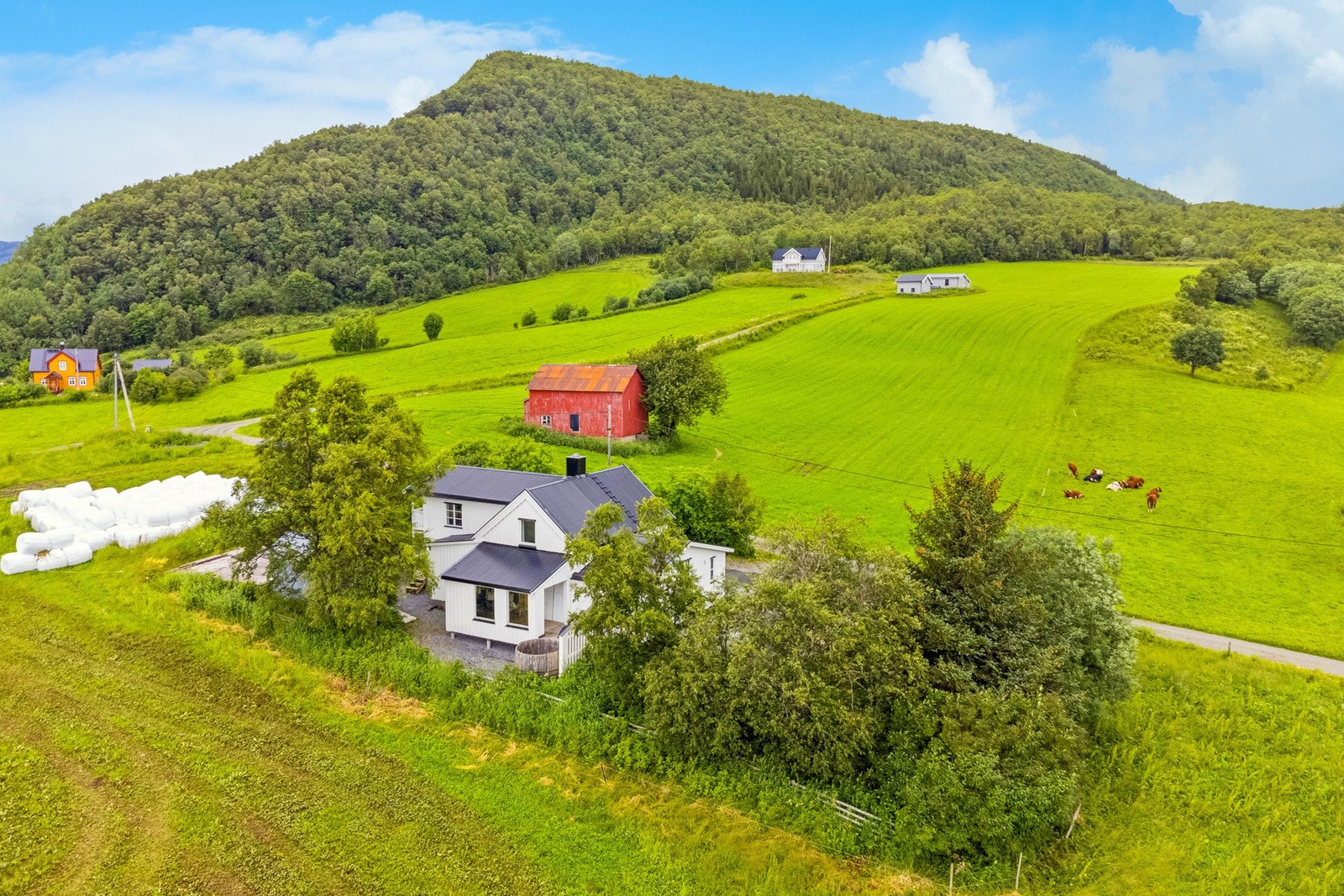 Her får du et våningshus som er betydelig oppusset siden 2013 frem til d.d., et eldre uthus og en fjøs. Galleribilde