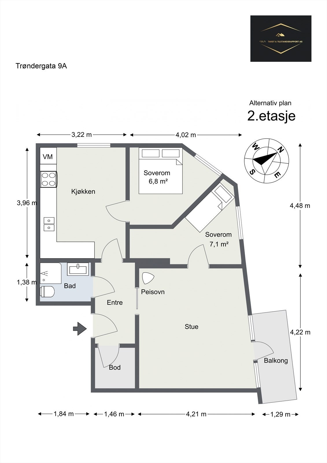 Alternativ planskisse: Det er mulig å sette opp en lettvegg i det eksisterende soverommet for å etablere et ekstra soverom. Galleribilde