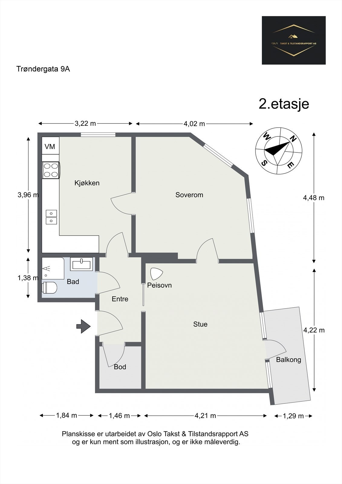 Planskissen for Trøndergata 9A viser dagens planløsning med ett stort soverom i hjørnet av leiligheten. Galleribilde