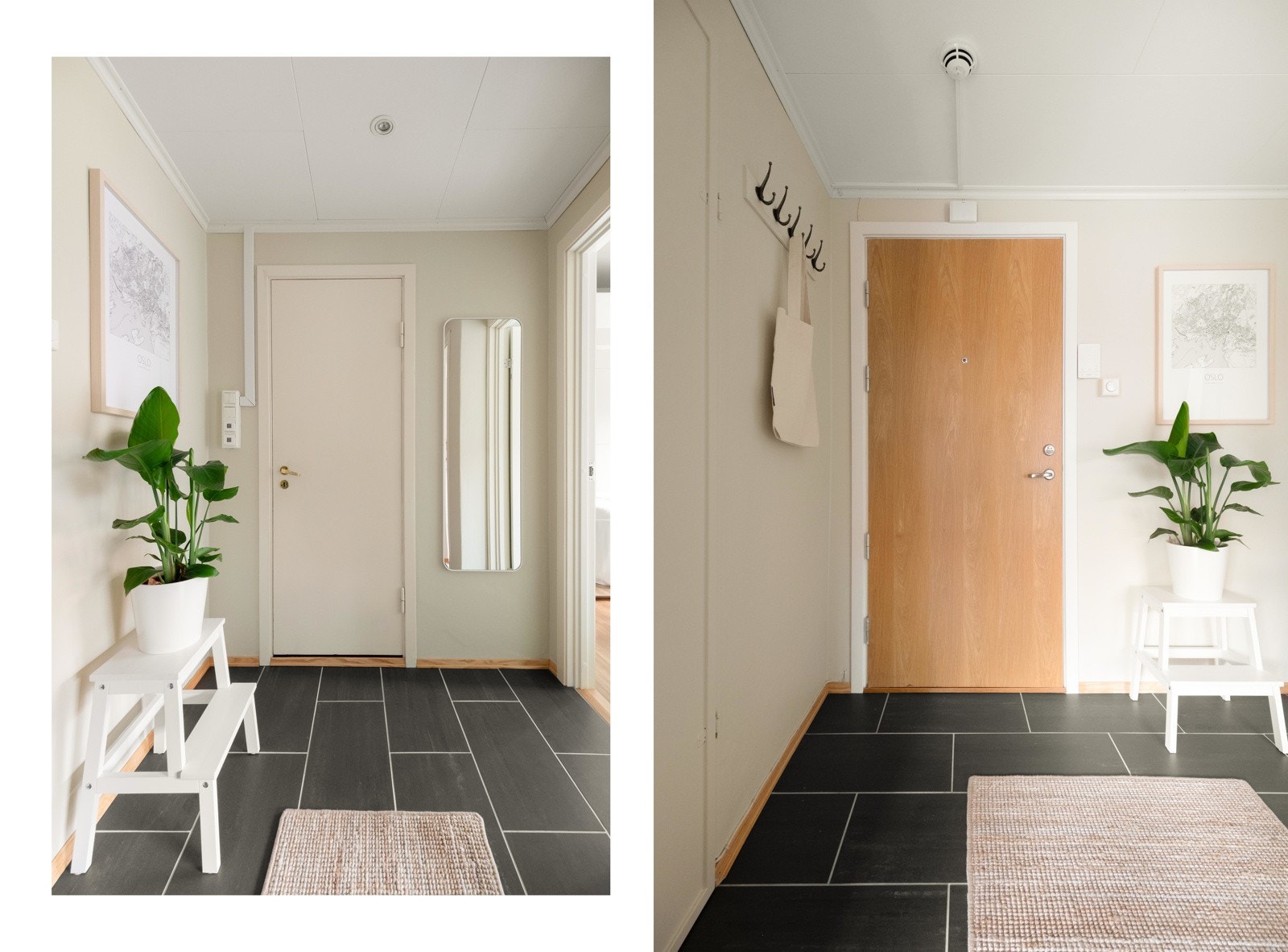 Her får du et godt førsteinntrykk av leiligheten. Det er god plass for oppheng av klær og plassering av sko i et praktisk kott. Galleribilde
