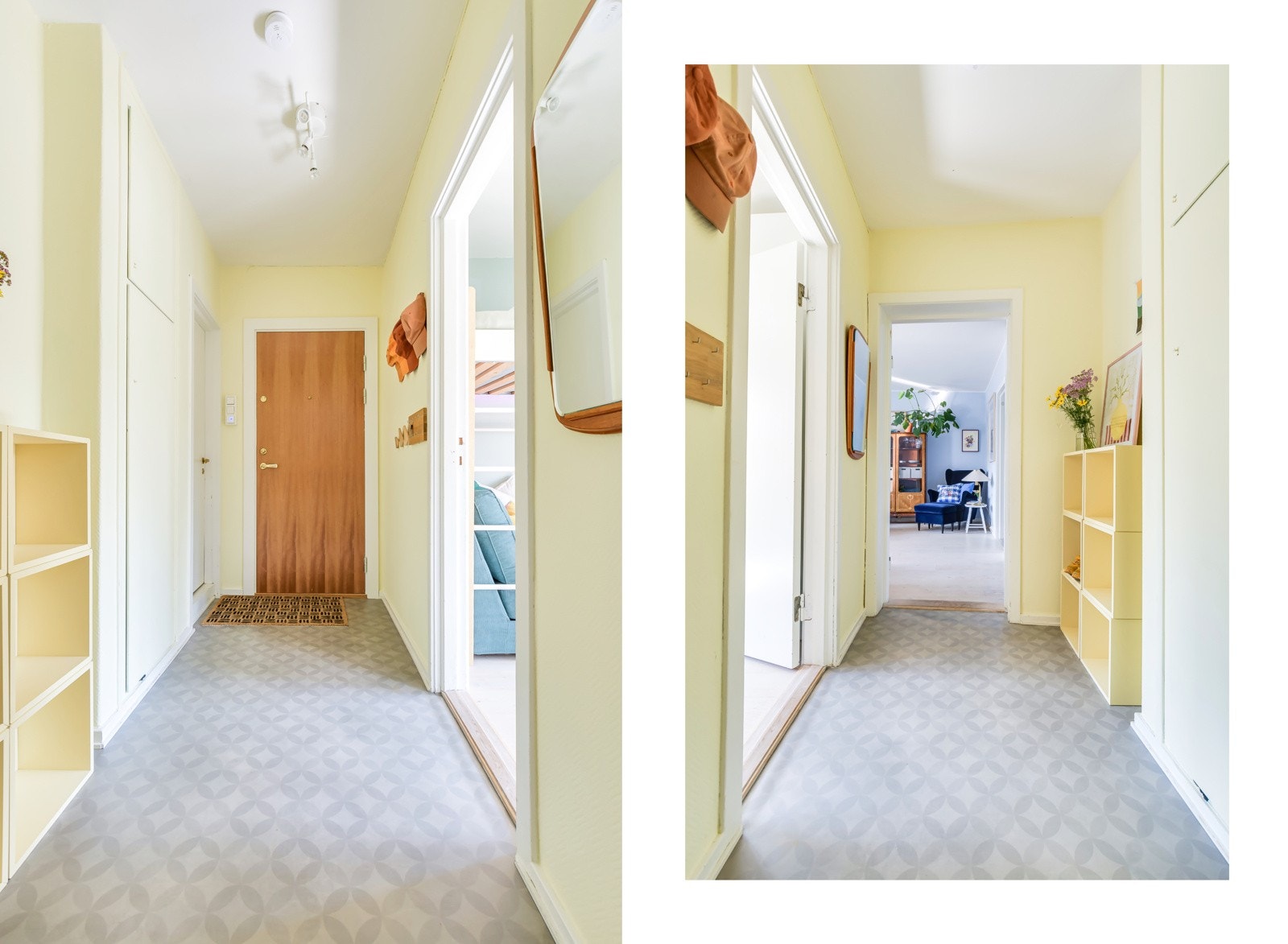 Når du kommer inn i boligen, er det første du møter en lys og innbydende entré. For ytterligere oppbevaring er det også et plassbygd garderobeskap. Galleribilde