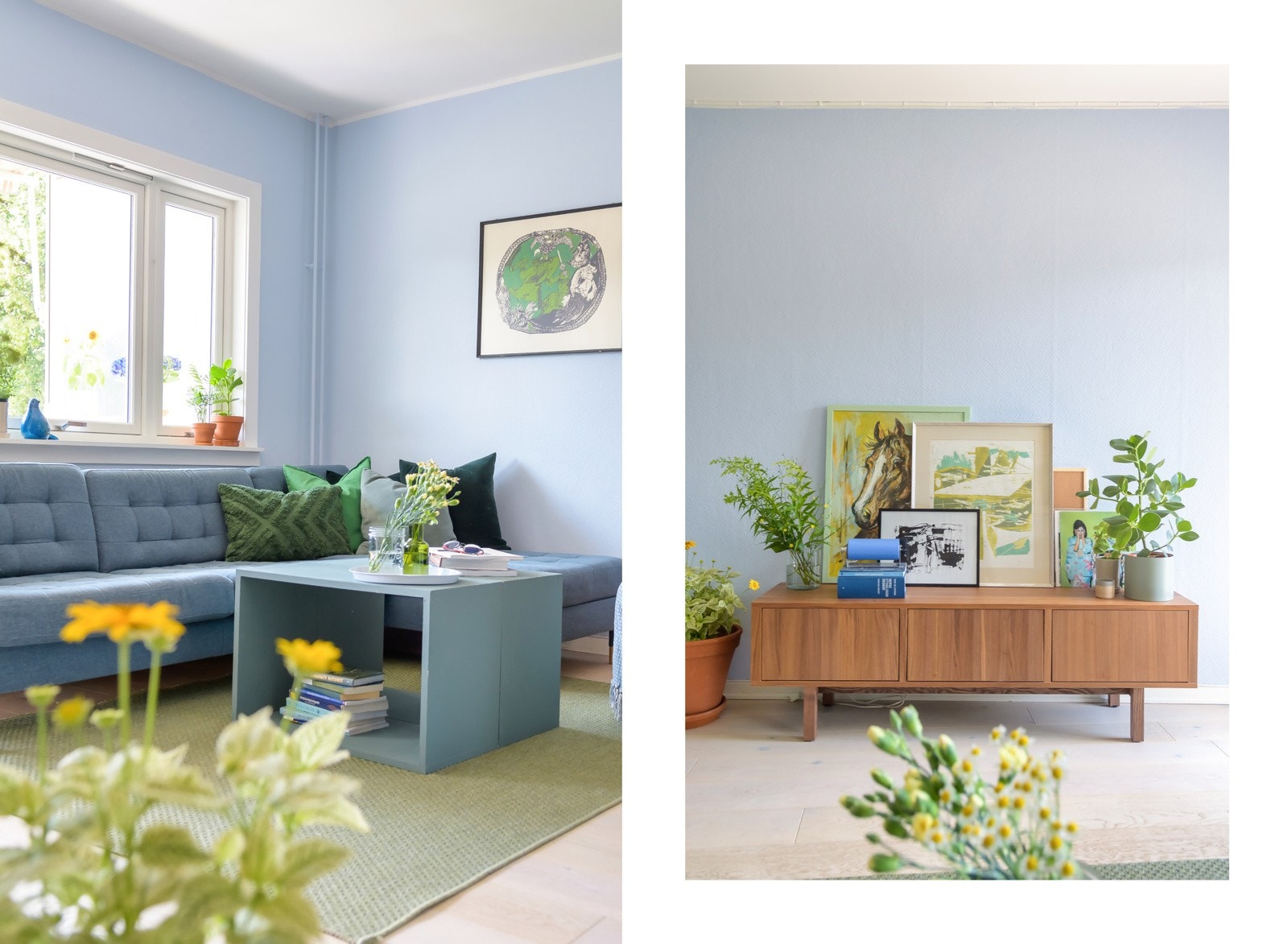 Overflatene er malt i en lys blåtone og gulvet er belagt med en-stavs parkett. Galleribilde