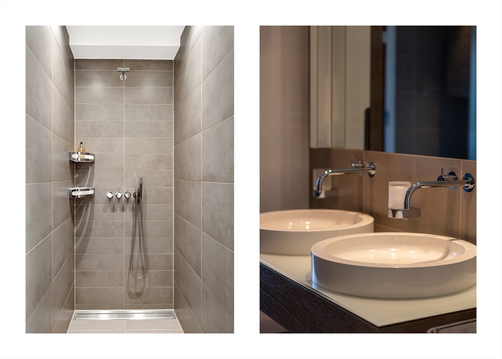 Badet er bestående av flislagt gulv med elektriske varmekabler, flislagte vegger og malt himling med innfelte downlights. Galleribilde