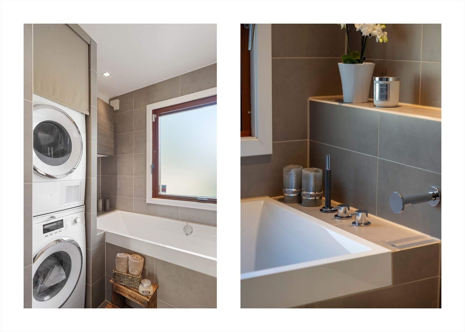 Badet er innredet med stilrent servant med ettgreps blandebatteri og speil, vegghengt klosett, dusj, badekar og opplegg og plass til vaskemaskin og tørketrommel. Galleribilde