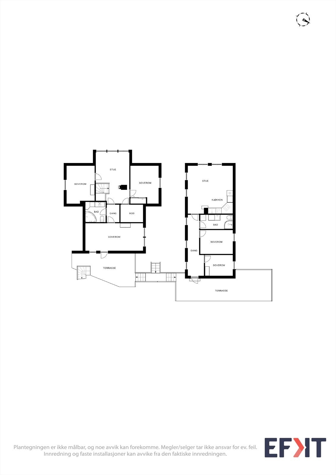 Plantegning 2.etasje begge boliger ( soverom mot terrasse i hus og 2 soverom og bad i uthus er ikke godkjent for varig opphold ) Galleribilde